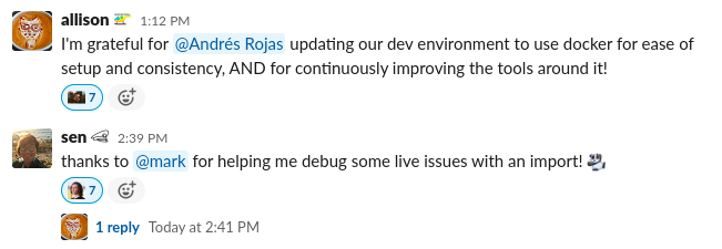 Screenshot of our #gratitude channel thanking each other for improving development tools and debugging.